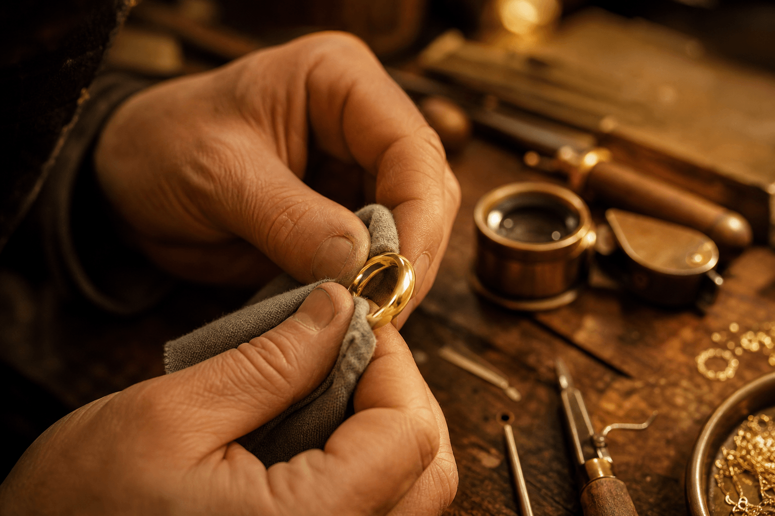 A jeweler polishing a gold band