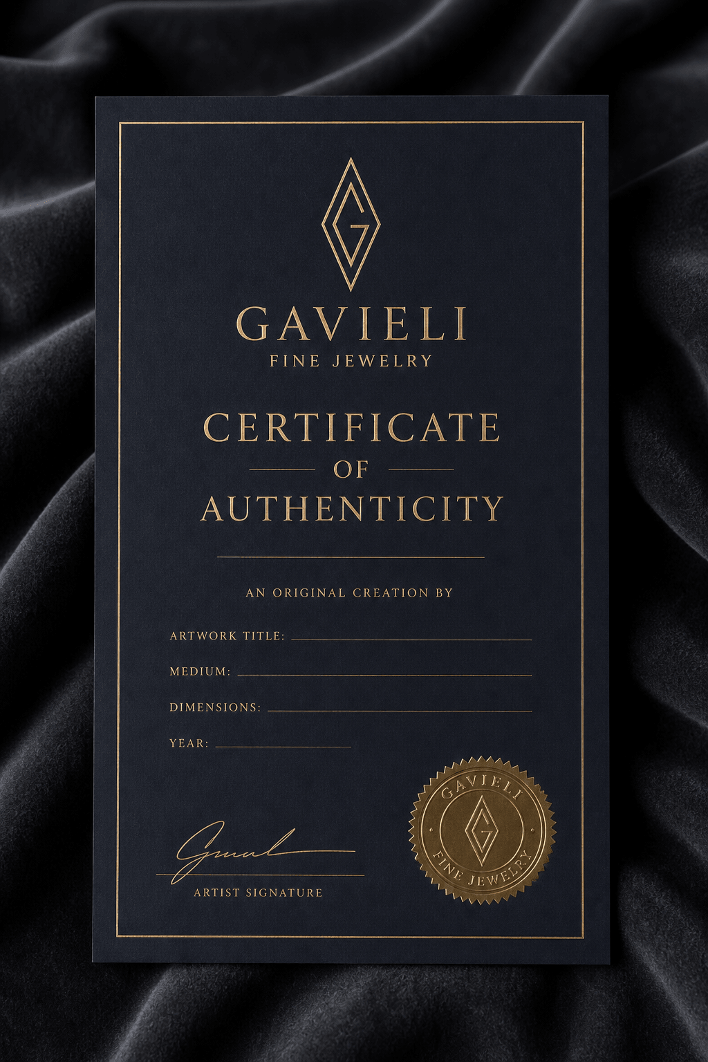 Gavieli Certificate of Authenticity on dark velvet