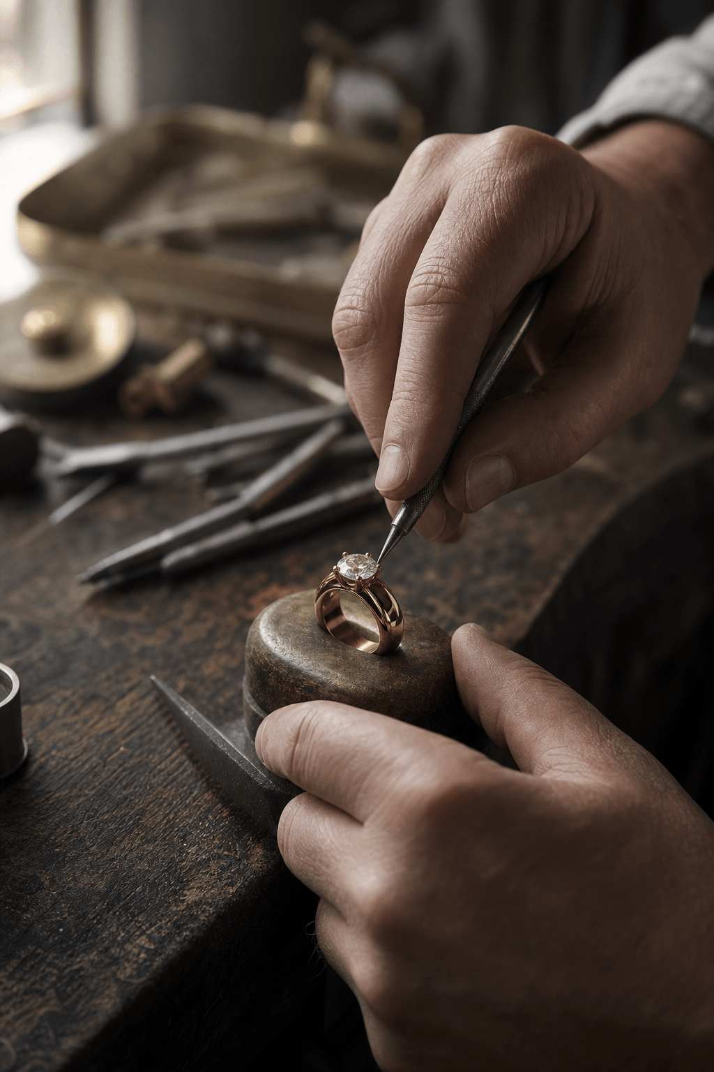 Artisan hands setting a diamond in gold — legacy meeting discipline