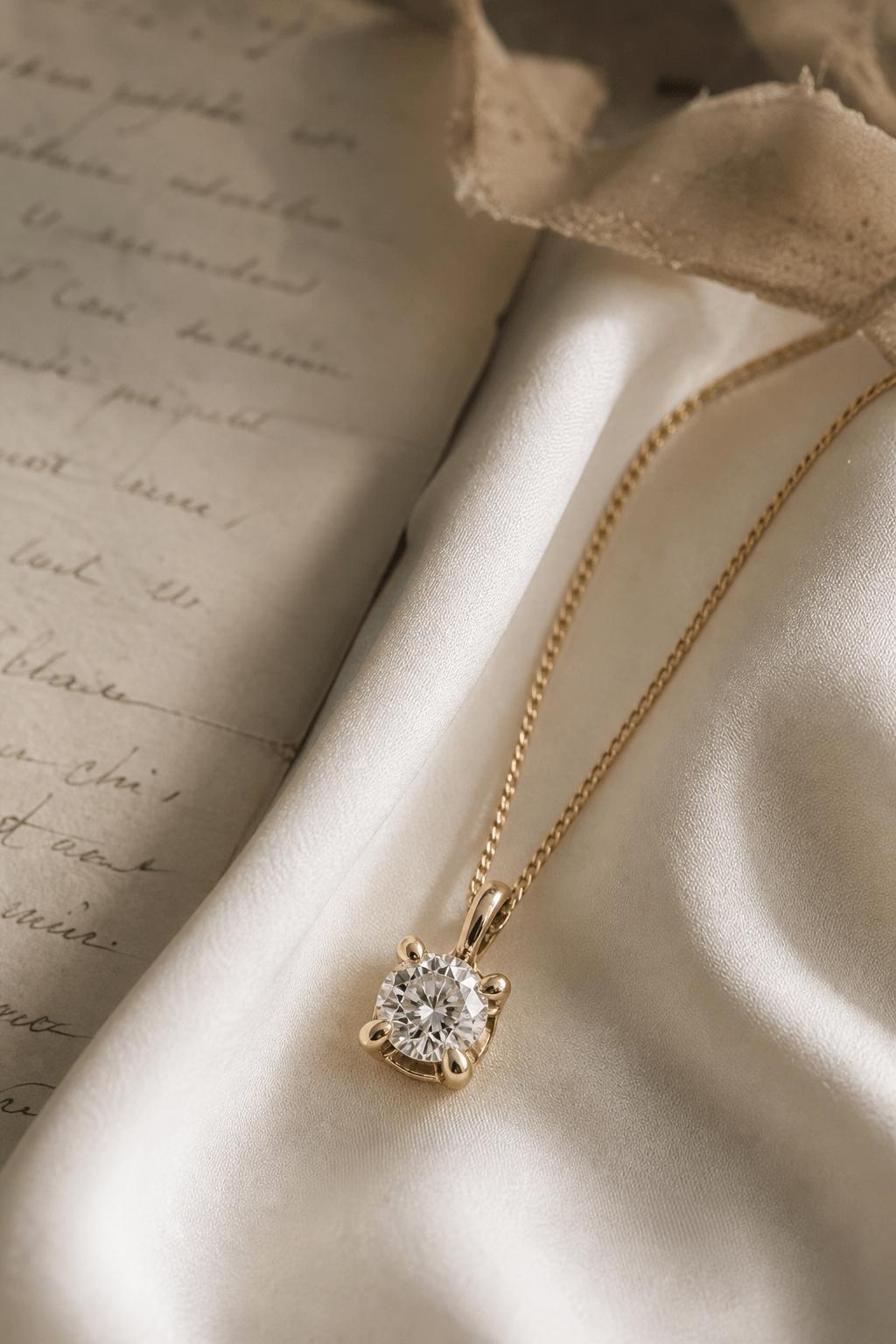 A gold pendant on silk beside a handwritten letter — beauty with memory